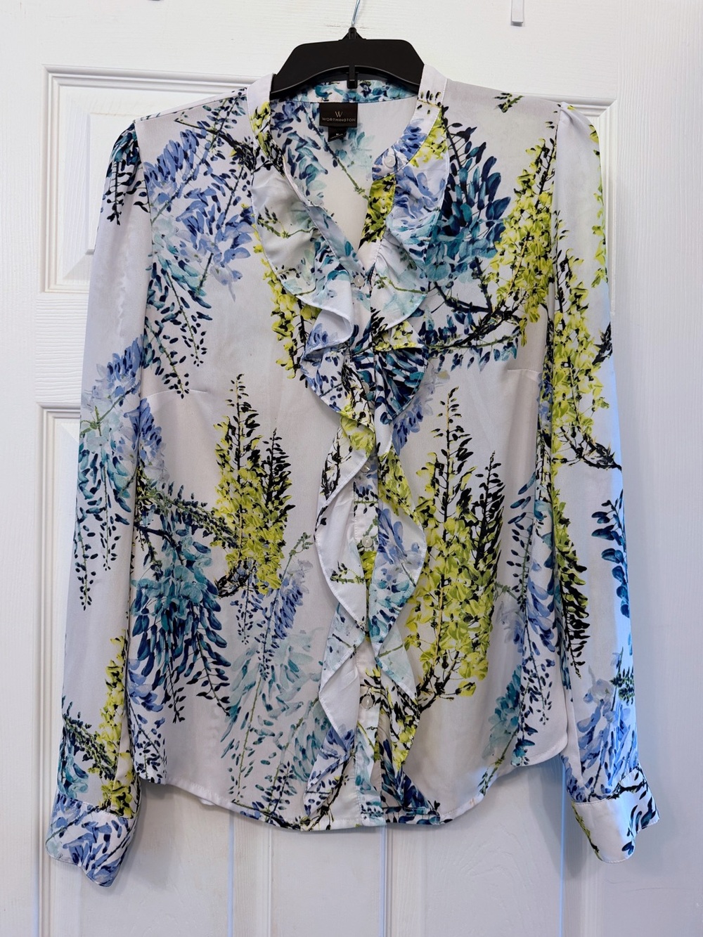 Worthington Ruffled Floral-Print Blouse in Blue & Green